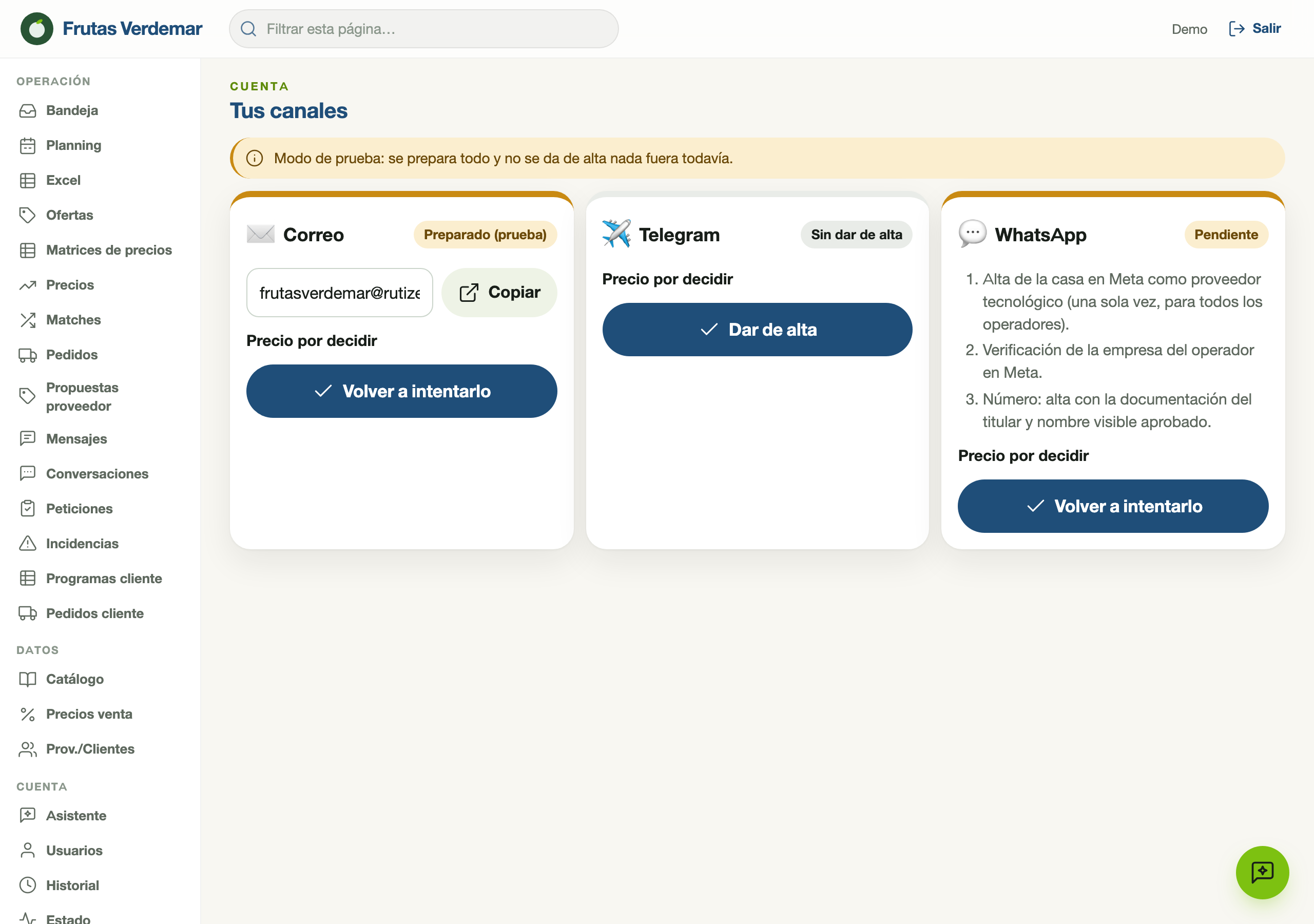 Pantalla de tus canales: correo y chat del negocio dados de alta automáticamente, sin tocar nada a mano