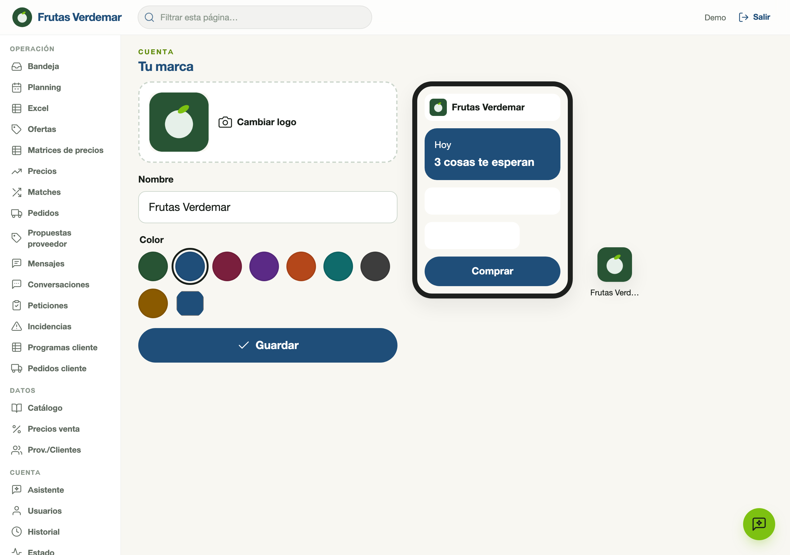 Pantalla de tu marca: tu logo y tu color visten toda la app